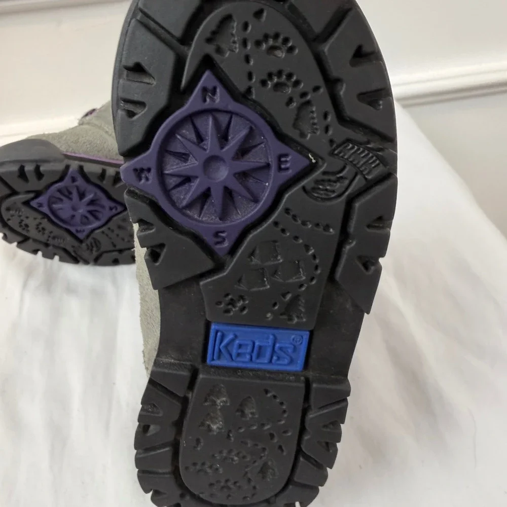 Vintage Keds Outdoor Kids Hiking Boots Grey Purple Suede Leopard Print Size 5.5M